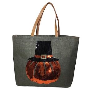 Mud Pie Jute Orange bBlack Sequins Gray Halloween Sparkle Pumpkin Tote Bag